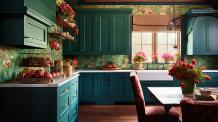 The modern interior design of aqua green tone country style kitchen with floral accent. Generative AI AIG27.の素材