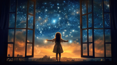 A happy little girl standing at a large window and looking at stars in the sky with dreamy and imaginative. beautiful Generative AI AIG32の素材