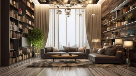 The interior design of dark wood floor and wall living room with book shelves. Generative AI AIG27.の素材