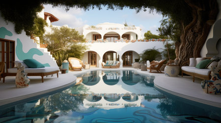 The dreamy oasis house in garden style with the centerpiece swimming pool surrounded by armchairs line. Generative AI AIG27.の素材