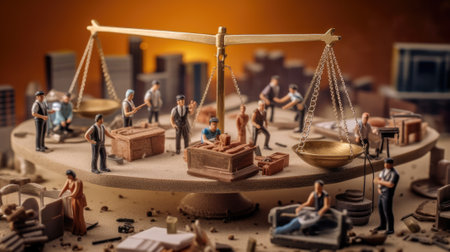 A scale of justice on a table top with workers working in construction site in law concept. beautiful Generative AI AIG32の素材