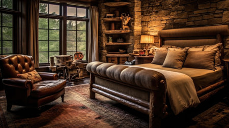 Bedroom decor, home interior design . Traditional Rustic style with Fireplace decorated with Stone and Wood material . Generative AI AIG26.の素材