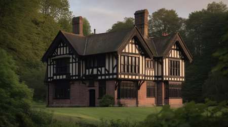 Home architecture design in Rustic Style with Stone chimney constructed by Stone and wood material. Mountain lodge. Generative AI AIG25 .の素材