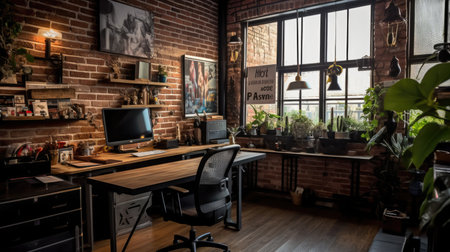 Inspiring office interior design Industrial style Office featuring Exposed brick wall architecture. Generative AI AIG 31.の素材