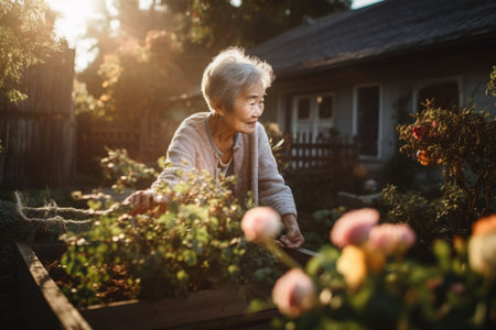 Female Asian senior gardening in backyard plants practical. Generative AI AIG23.の素材