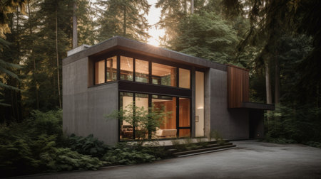Home architecture design in Mid-century modern Style with Courtyard constructed by Wood and Glass material. Mid-century modern architecture style. Generative AI AIG25 .の素材