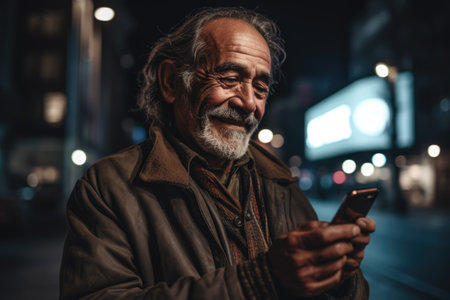 Wide angle shot of a senior mexican hispanic man trendy clothes using mobile phone with background of urban city street at night. Generative AI AIG18.の素材