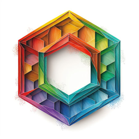 Empty hexagon frame on white background. Concept of overlapped mystery colorful watercolor box. Finest generative AI.の素材