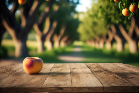 Focus peach fruit on the wood table with blurred peach tree background. Concept of blank space for advertising product. Finest generative AI.の素材