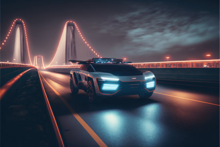 Cyber neon driving green power sport car with hybrid technology automotive. Concept of light glowing on dark city view in night life. Finest generative AI.の素材
