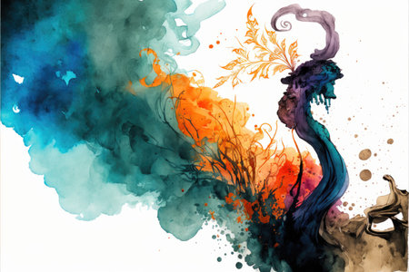 Abstract art in colorful watercolor with floating smoke isolated on vintage background. Concept of technique brushing color design. Finest generative AI.の素材