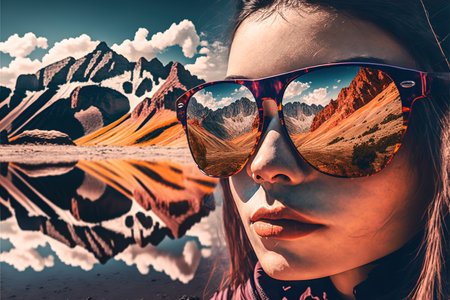 Sunglasses mirrored reflection of the wondrous mountain path and sunny sky portrayed by hiker woman in natural adventurous and nature exploring concept by Generative AI.の素材