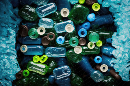 Concept of plastic recycle with blue bottle background. Inspiration of separated used plastic scrap of recyclable reducing global warming pollution. Finest generative AI.の素材