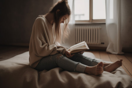 Female Caucasian teenager reading books in bedroom casual relaxing. Generative AI AIG23.の素材