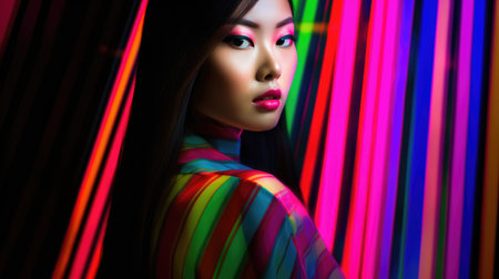 Young female model posing with trendy fashion outfit and colorful glowing vibrant green and pink optical art abstract background. Picturesque generative AIの素材