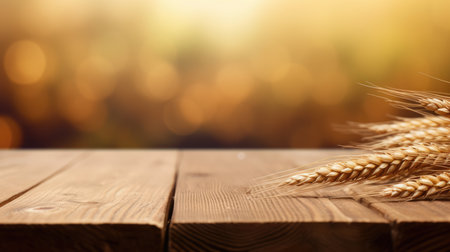 The empty wooden table top with blur background of wheat farm. Generative AI image AIG30.の素材
