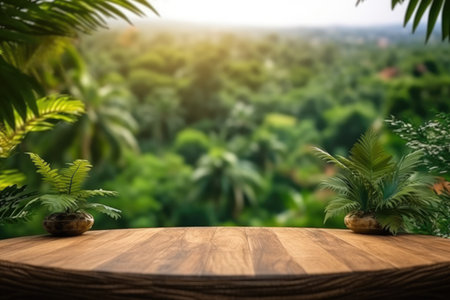 The empty wooden table for product display with blur background of tropical jungle. Generative AI AIG30.