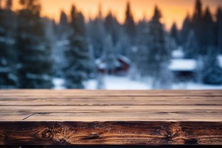 The empty wooden dark brown rustic table top with blur background of winter forest in finland. Exuberant image.の写真素材