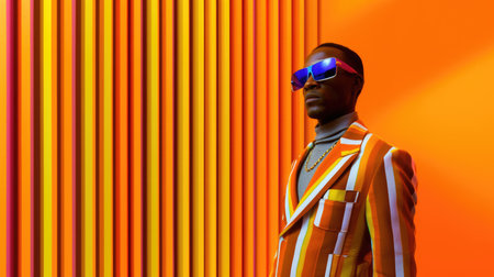 Young male model posing with trendy man fashion outfit and colorful orange optical art abstract background. Picturesque generative AIの素材
