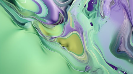 The close up of a glossy liquid surface abstract in lavender, mint green, and olive green colors...