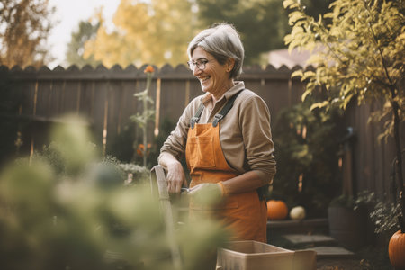 Female Caucasian senior gardening in backyard plants. Generative AI AIG23.の素材