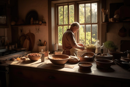 Male Caucasian middle aged cooking in kitchen apron chef uniform. Generative AI AIG23.の素材