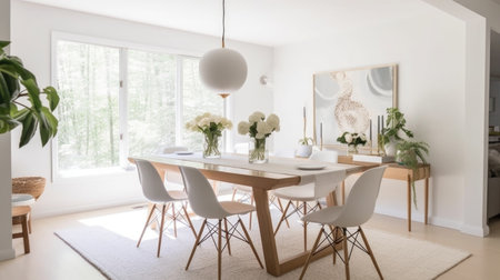 Interior design inspiration of Scandinavian Minimalist style home dining room loveliness decorated with White and Wood material and Statement Art .Generative AI home interior design .の素材