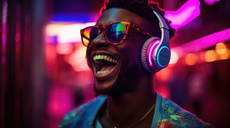 candid shot of an excited young african man party with headphones. beautiful Generative AI AIG32の素材