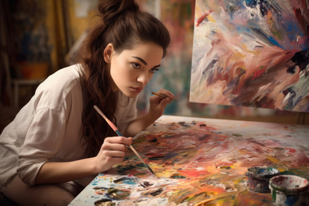 Female Middle Eastern young adult painting art studio artist apron picture drawing. Generative AI AIG23.の素材