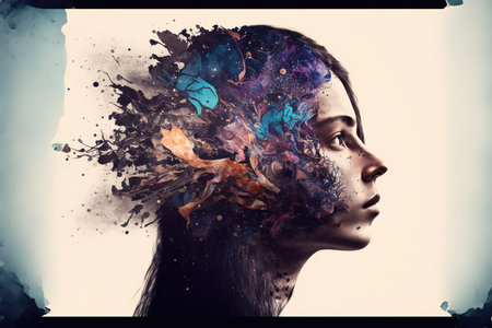Double exposure image of woman portrait with the void of space and universe with stars for state of mind and psychological concept. Meditative and mental ability abstract art. Superb Generative AIの素材