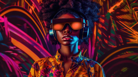 Beautiful model with colorful and trendy outfit with glowing purple pink light, colorful dyed hair and fashionable asian glitch core teenager girl wearing VR. Picturesque generative AIの素材