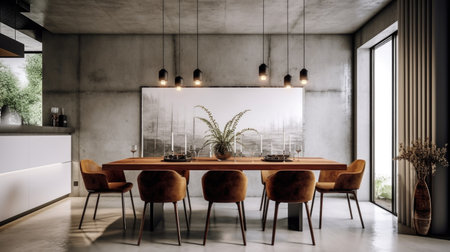 Interior design inspiration of Contemporary Minimalist style home dining room loveliness decorated with Concrete and Glass material and Pendant Light .Generative AI home interior design .の素材
