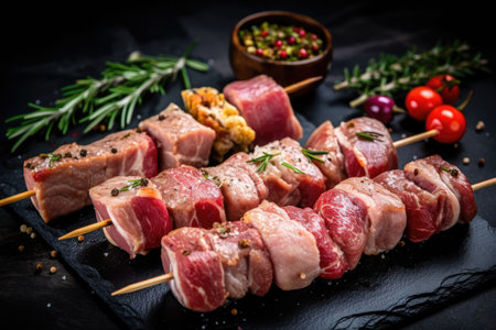 Various raw pork neck skewers are arranged on a dark background, accompanied by rosemary, sea salt, garlic and spices. beautiful Generative AI AIG32の素材