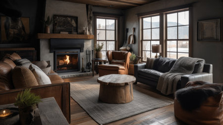 Living room decor, home interior design . Rustic Industrial style with Fireplace decorated with Wood and Metal material . Generative AI AIG26.の素材