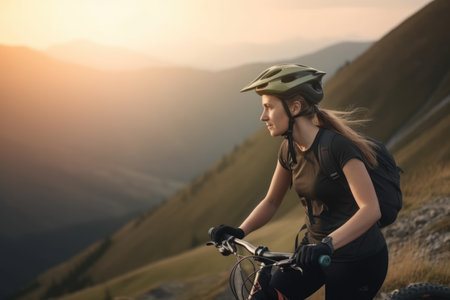 Active female cyclist riding bike on a mountain. Generative AI AIG18.の素材