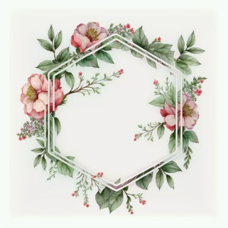 Hexagon frame of pink flower and green leaves with leave watercolor painting isolated on white background. Theme of vintage minimal art design in geometric. Finest generative AI.の素材
