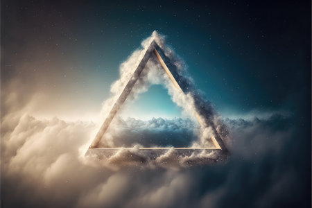 Abstract design of triangle shape clouds with dying colorful particles exploding. Concept of mystery outer over dark background with glowing light geometric design. Finest generative AI.の素材
