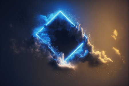 Abstract futuristic neon frame with geometric shape and stormy cloud on night sky. Concept of exploding mist with golden and blue color through frame picture. Finest generative AI.の素材