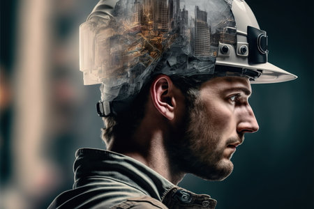 Civil engineer portrait as concept for building construct by professional with hardhat helmet engineer with wondrous double exposure of cityscape, urban with background of skyscraper by generative AIの素材