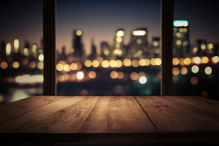 Empty wooden table with large window view through cityscape background. Concept of building office or condominium outside perspective. Finest generative AI.の素材