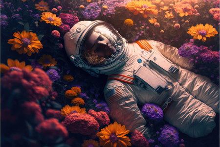 Astronaut laying in the colorful flower garden with top view. Concept of the relaxation in space cinematic fantasy dark light. Finest generative AI.の素材