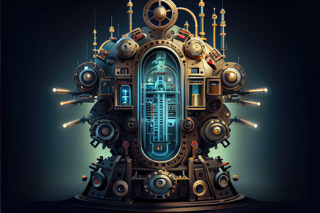 Abstract of steampunk machine in futuristic out space. Concept of energy device reactor electricity. Finest generative AI.の素材