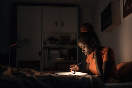 Female African teenager studying in bedroom study smart. Generative AI AIG23.の素材