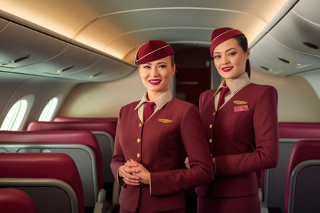 Two female on empty private jet or business class passenger seats. Picturesque generative AIの素材
