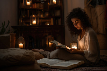 Female Middle Eastern young adult reading books in living room casual relaxing. Generative AI AIG23.の素材