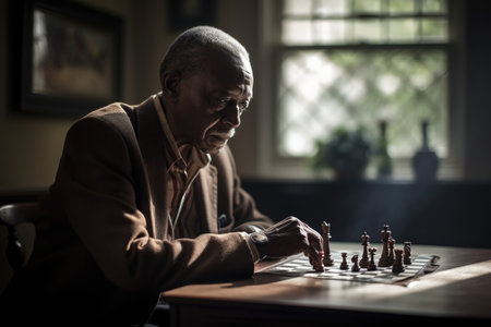 Male African elderly playing chess in sun room activity. Generative AI AIG23.の素材