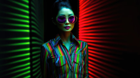 Young female model posing with trendy fashion outfit and colorful green optical art abstract background. Picturesque generative AIの素材