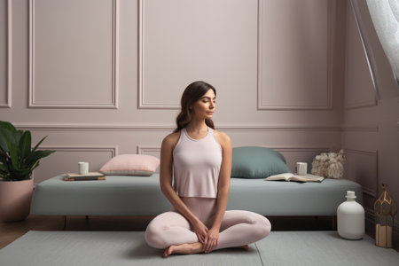 Female Middle Eastern adult doing yoga exercise in living room. Generative AI AIG23.の素材