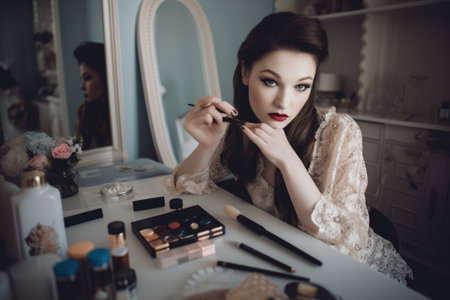 Female Caucasian teenager doing makeup in bedroom glamor. Generative AI AIG23.の素材