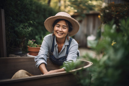 Female Asian senior gardening in backyard plants practical. Generative AI AIG23.の素材